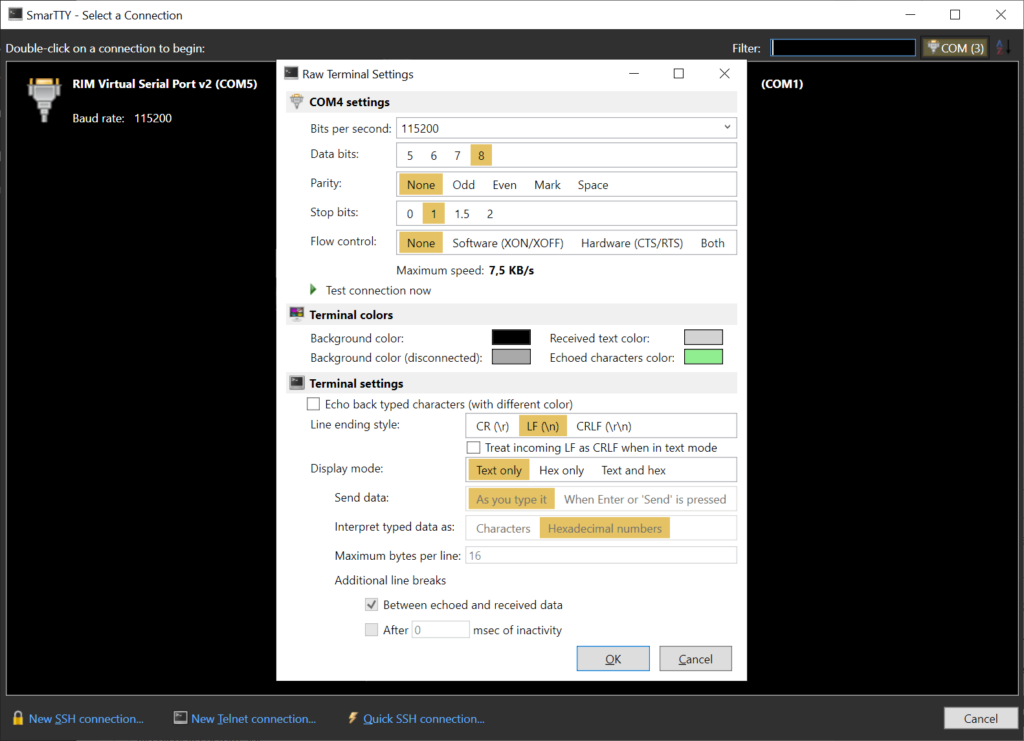 SmarTTY Connection parameters