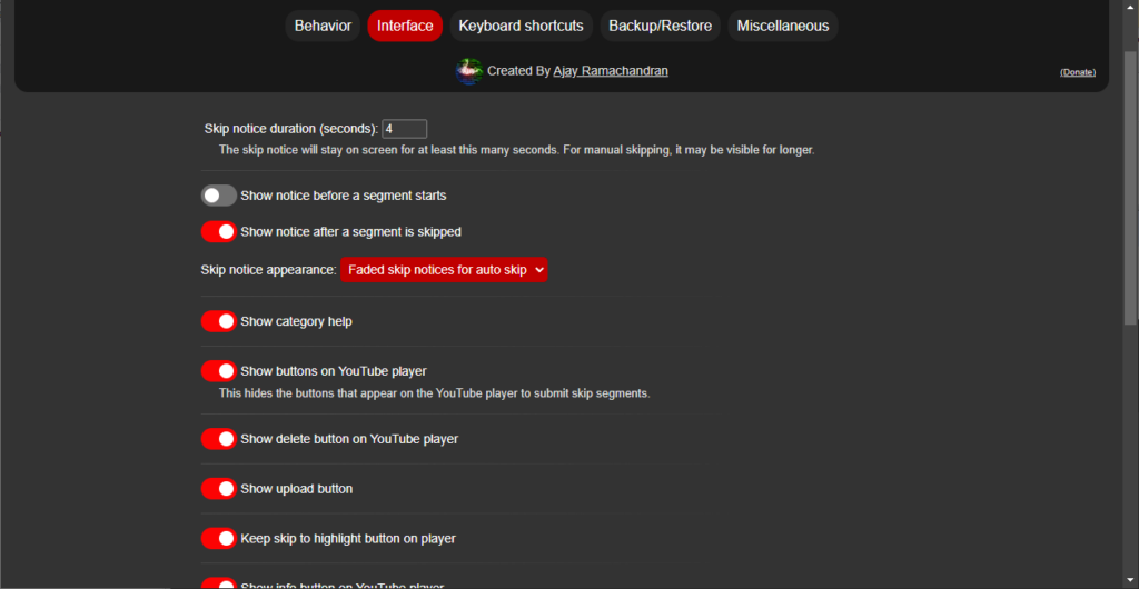 SponsorBlock for YouTube Interface settings