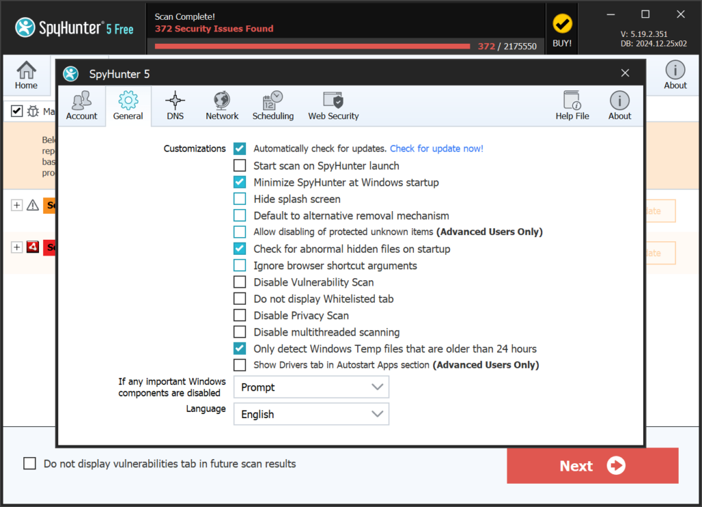 SpyHunter Program settings