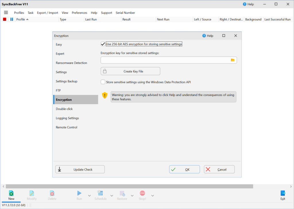 SyncBackFree Encryption settings