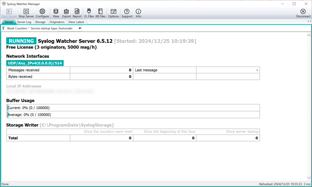 Syslog Watcher Server status