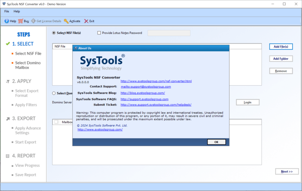 SysTools NSF Converter Program information