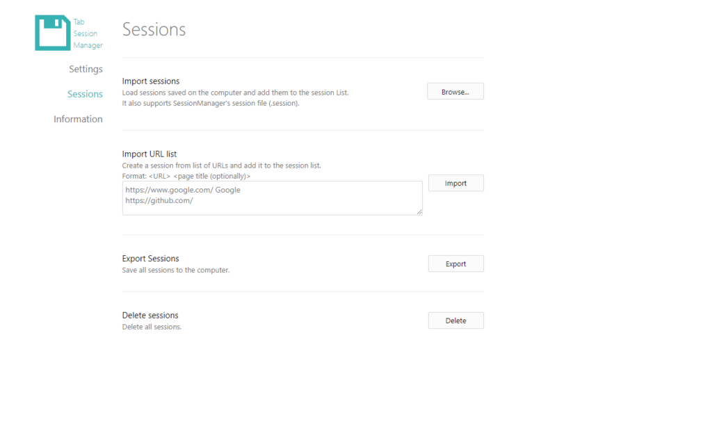 Tab Session Manager Data import and export