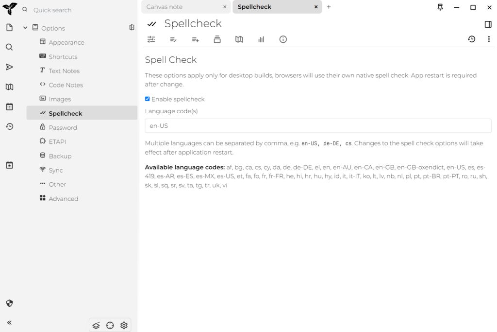 Trilium Notes Spellcheck settings