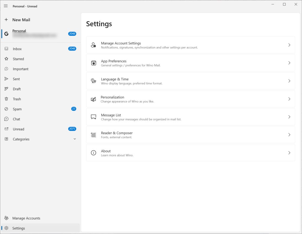 Wino Mail Settings menu