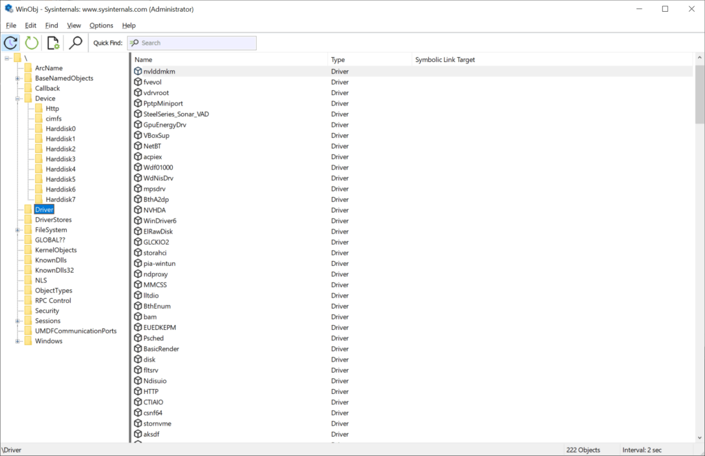 WinObj Detected drivers
