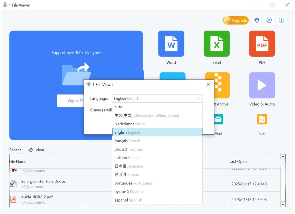 1 File Viewer Interface language selection