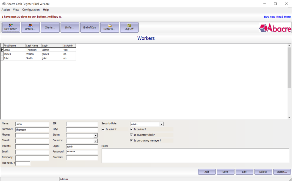Abacre Cash Register Employee list