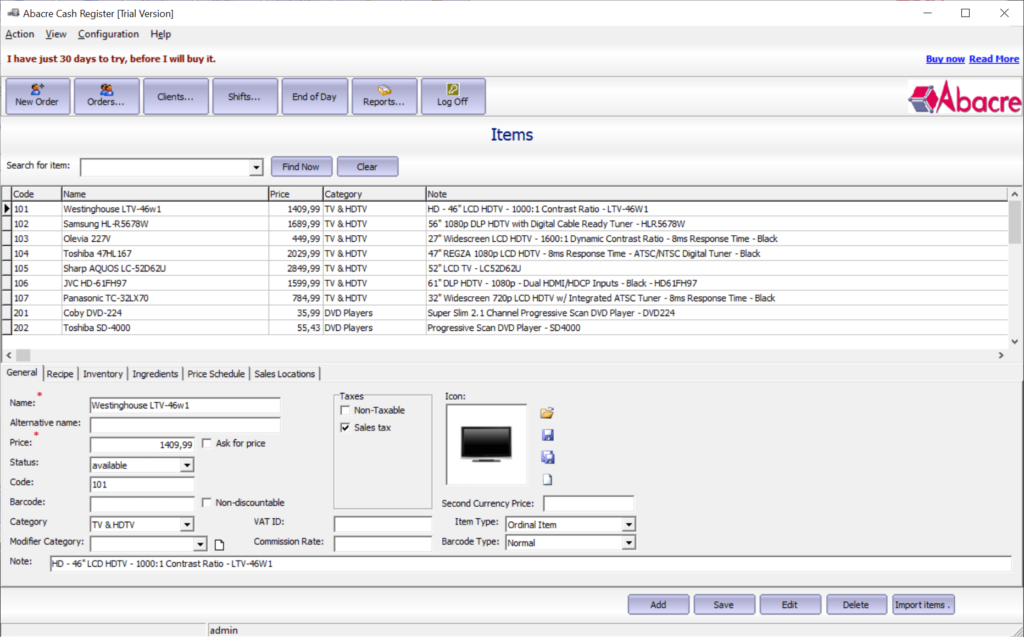 Abacre Cash Register Inventory