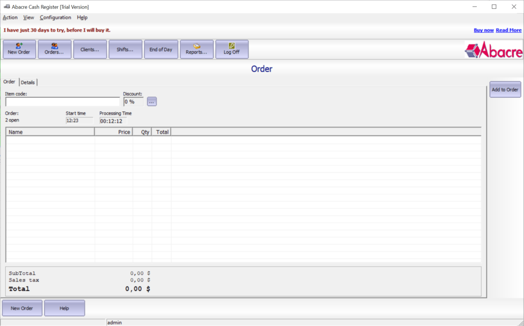 Abacre Cash Register Order creation