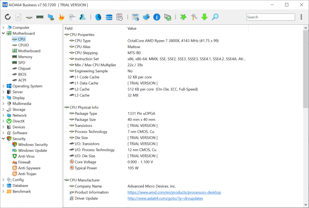 AIDA64 Business CPU specifications