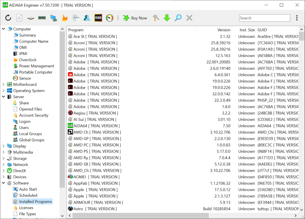 AIDA64 Engineer Installed programs