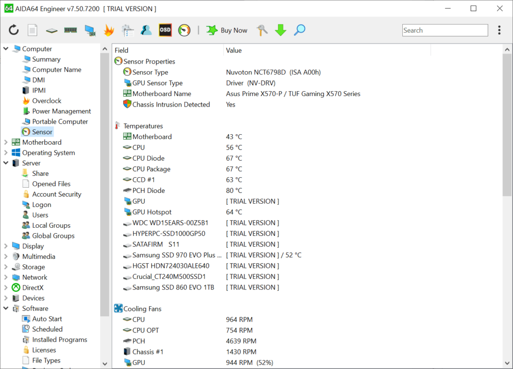 AIDA64 Engineer Sensor data