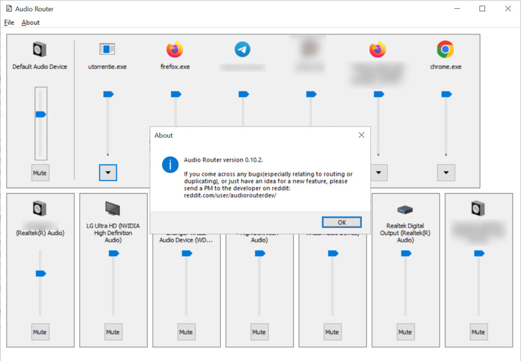 Audio Router About screen