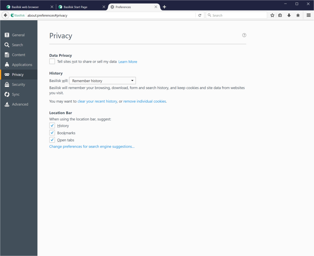 Basilisk Browser Privacy settings
