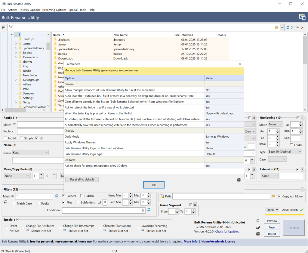 Bulk Rename Utility Preferences menu
