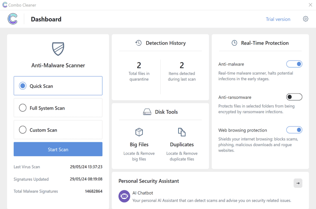 Combo Cleaner Main dashboard