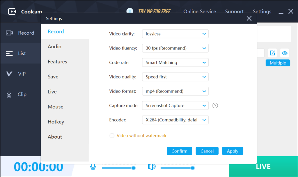 Coolcam Capture parameters