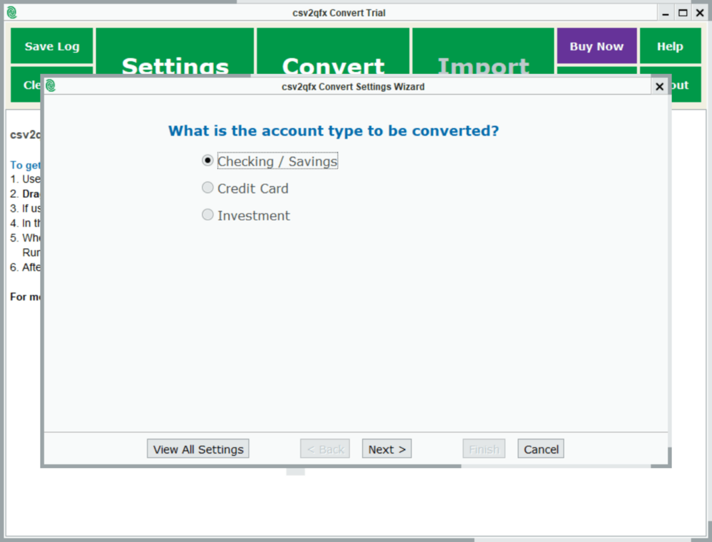 CSV2QFX Converter Account type selection