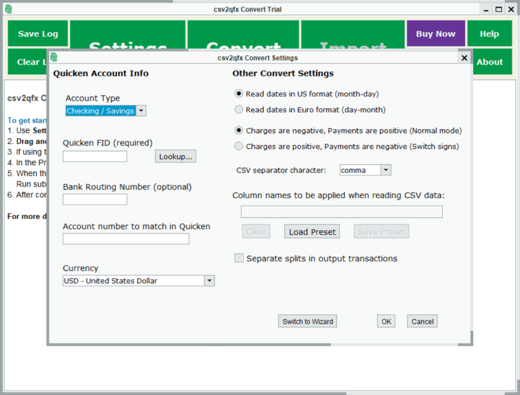 CSV2QFX Converter General settings