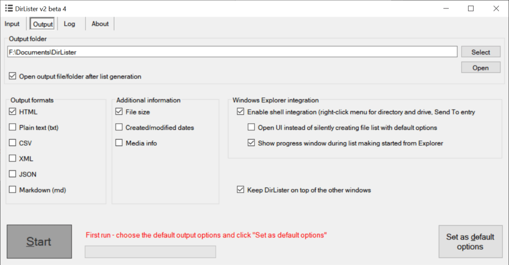 DirLister Output settings