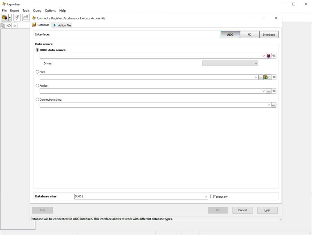 Exportizer Database connection process