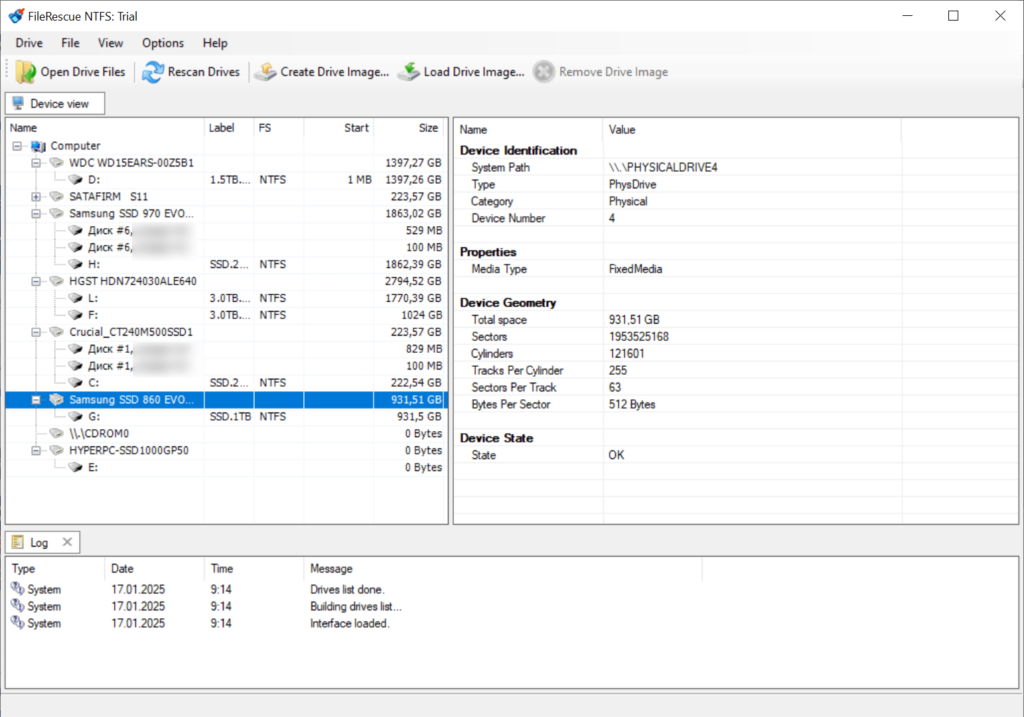 FileRescue NTFS Drive details