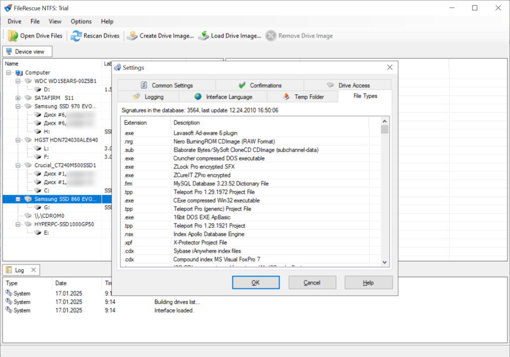 FileRescue NTFS Target file types