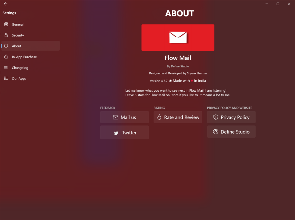 Flow Mail About screen