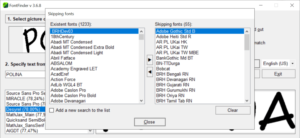 FontFinder Excluded typefaces