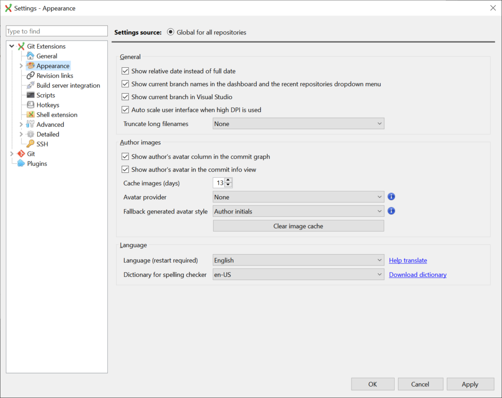 Git Extensions Visual settings