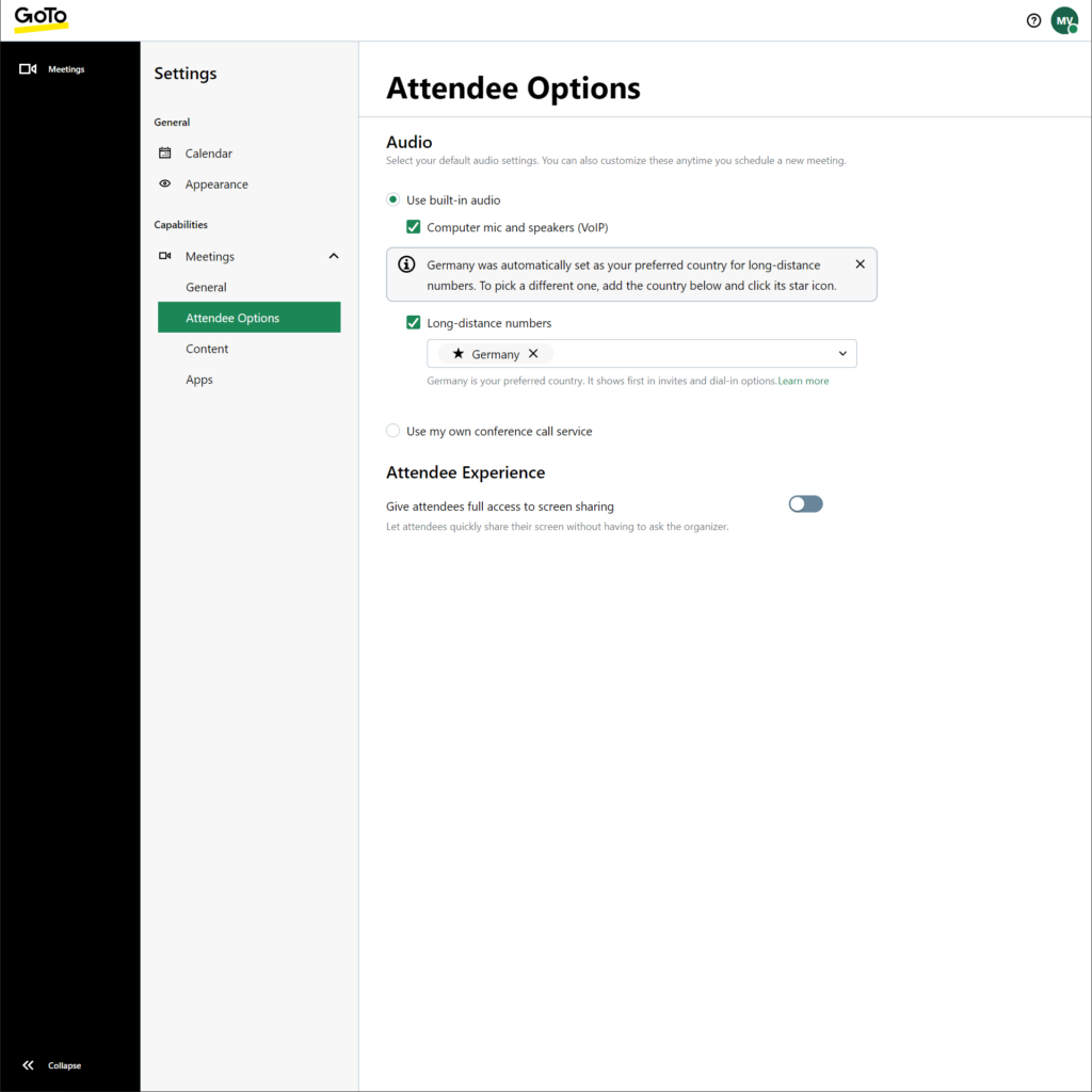 GoTo Attendee options