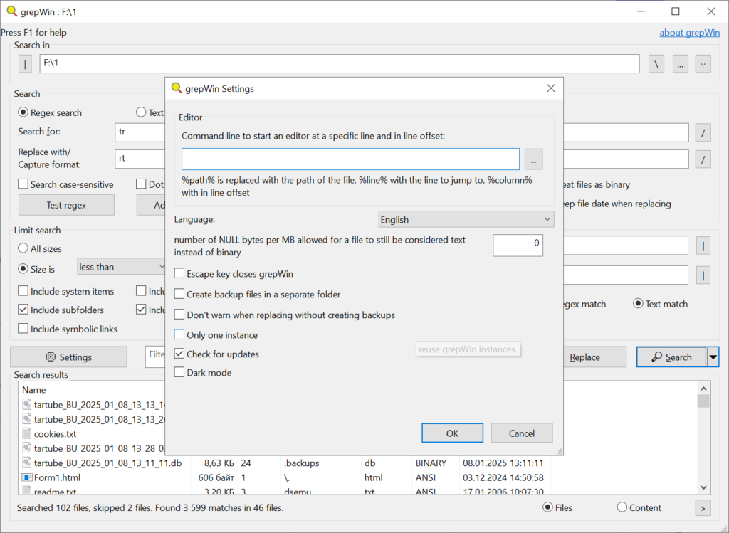 grepWin Program settings