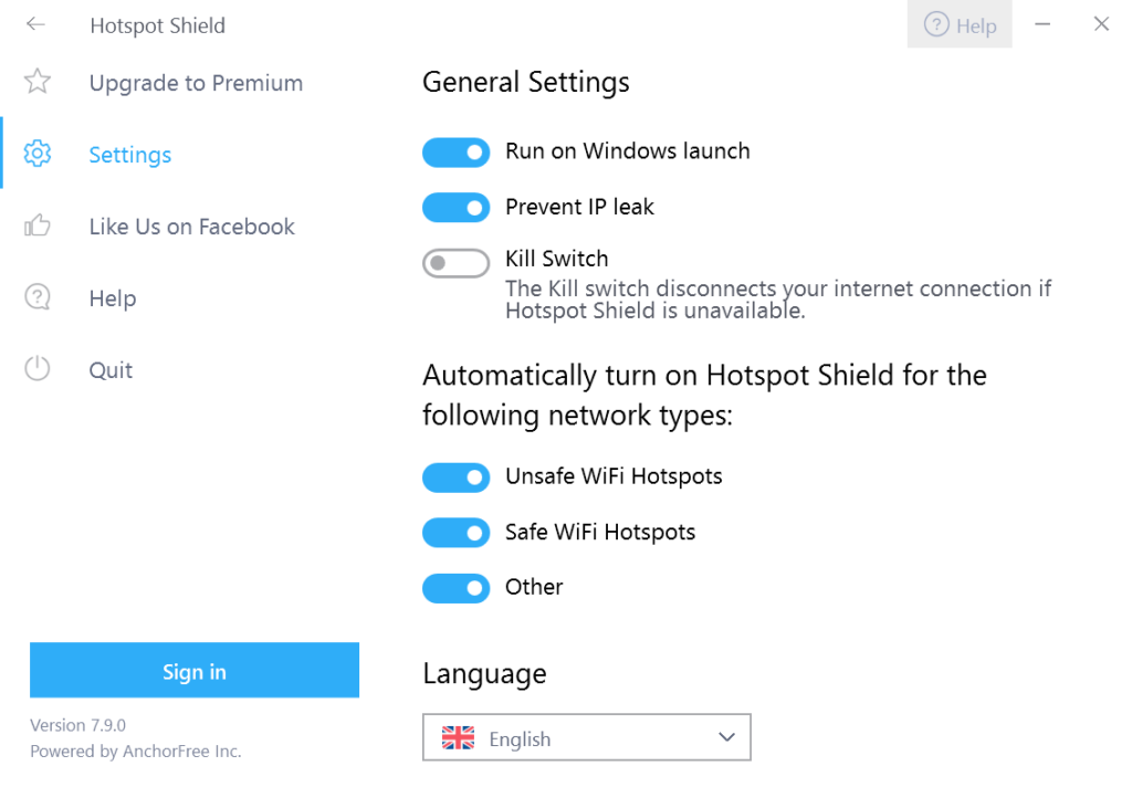 Hotspot Shield Settings menu