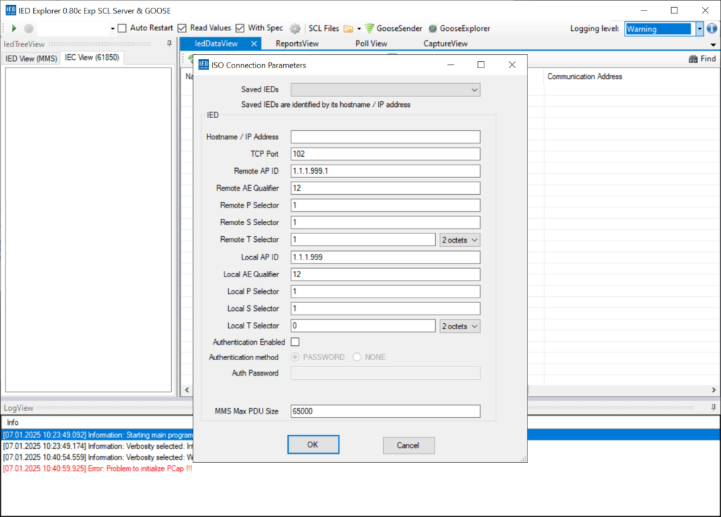 IEDExplorer Connection parameters