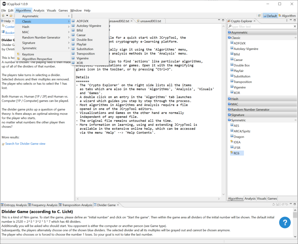 JCrypTool Algorithm selection