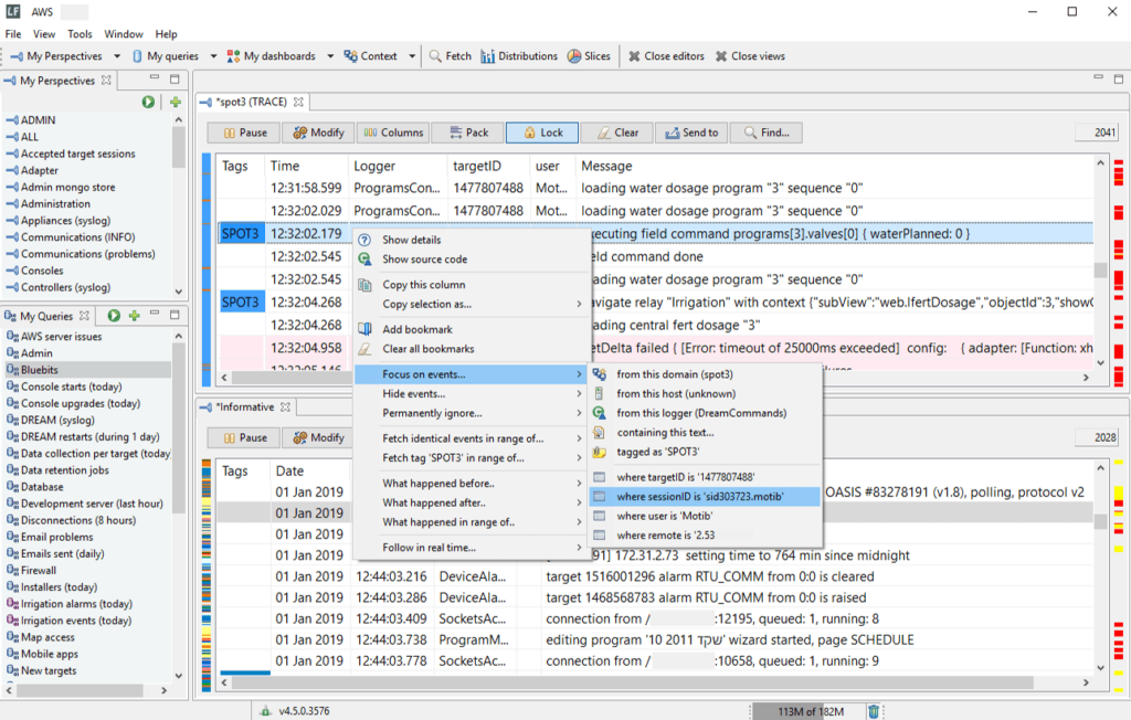 logFACES server Event analysis