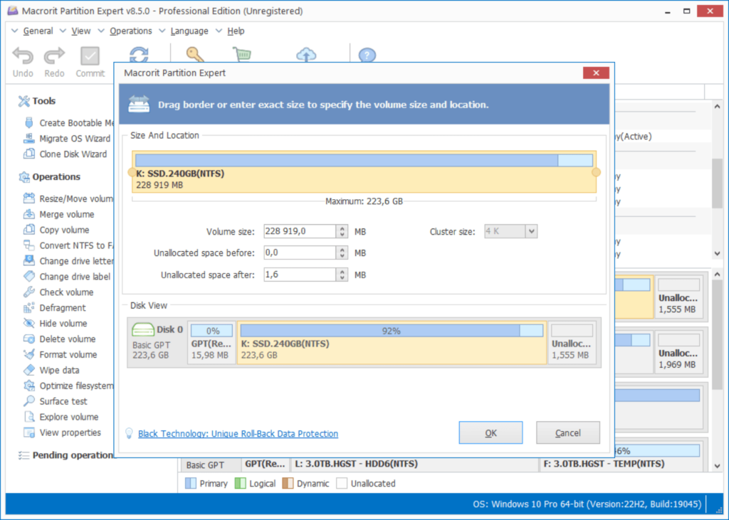 Macrorit Partition Expert Volume resizing