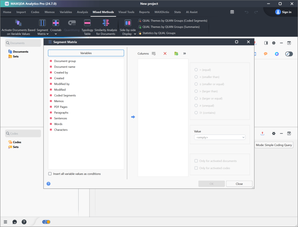 MAXQDA Analytics Segment matrix