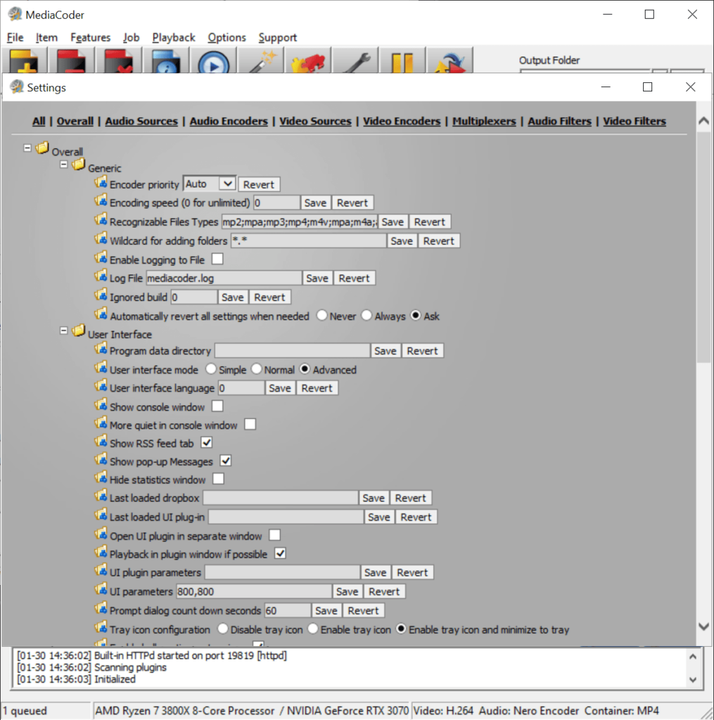 MediaCoder Settings menu