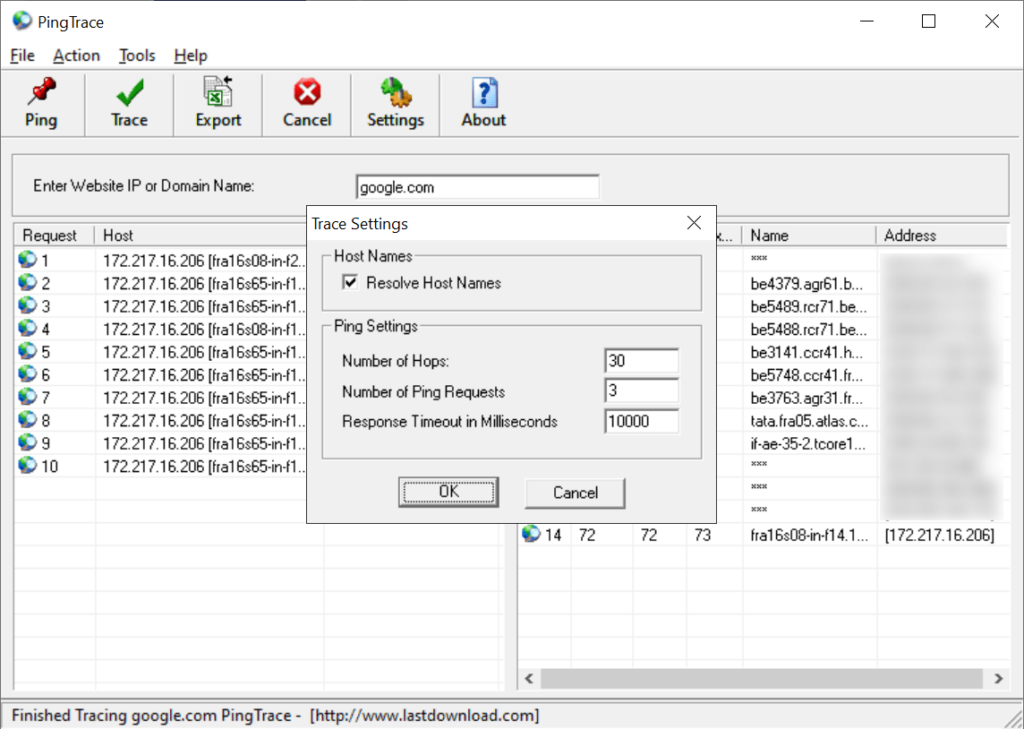 PingTrace Connection settings