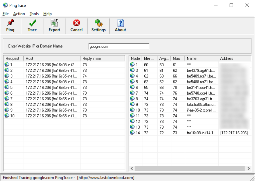 PingTrace Evaluation results