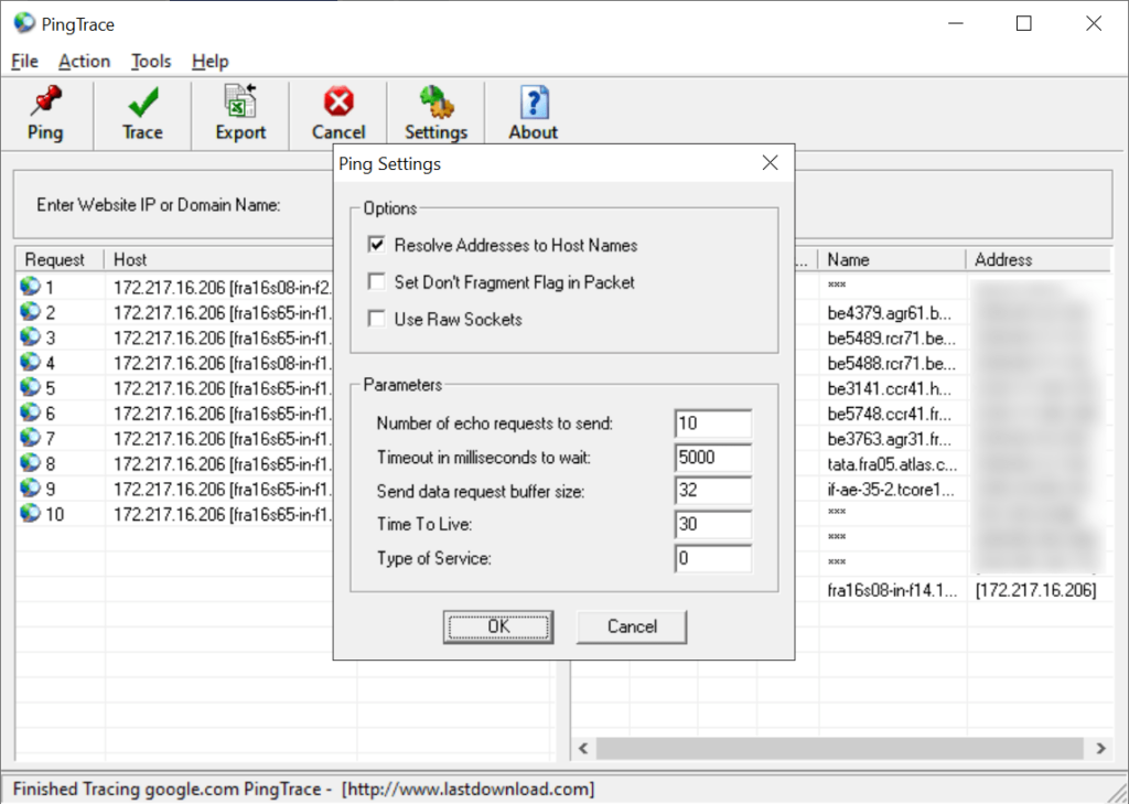 PingTrace Ping parameters