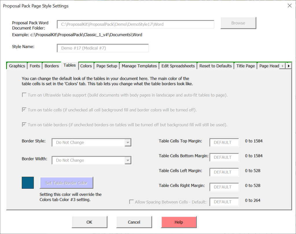 Proposal Pack Wizard Table parameters