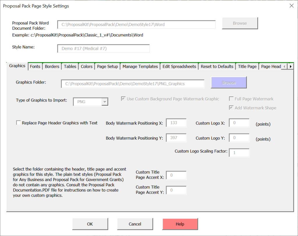 Proposal Pack Wizard Visual settings