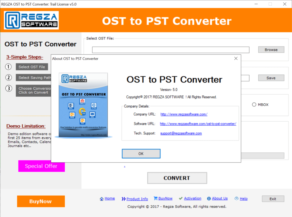 REGZA OST to PST Converter About screen