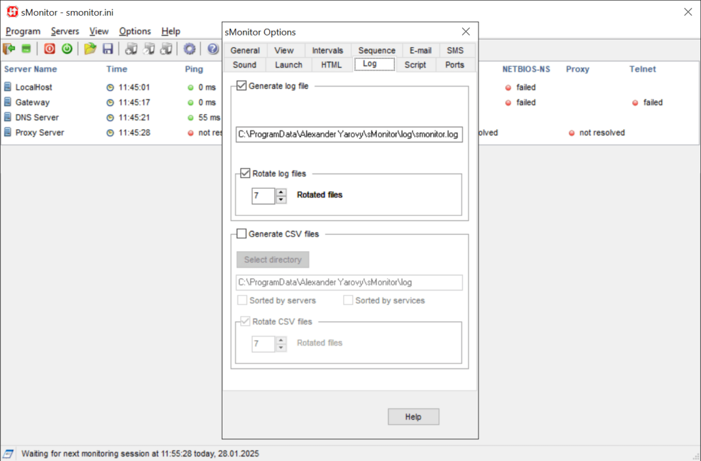 sMonitor Log parameters