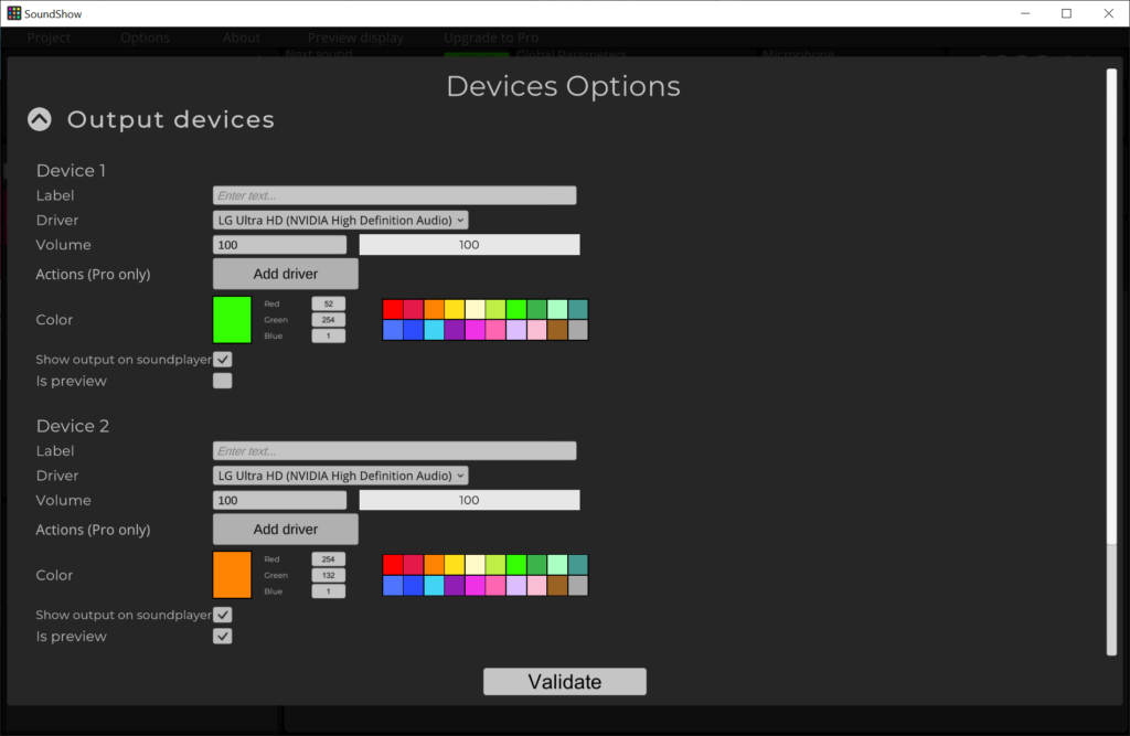 Sound Show Output device settings