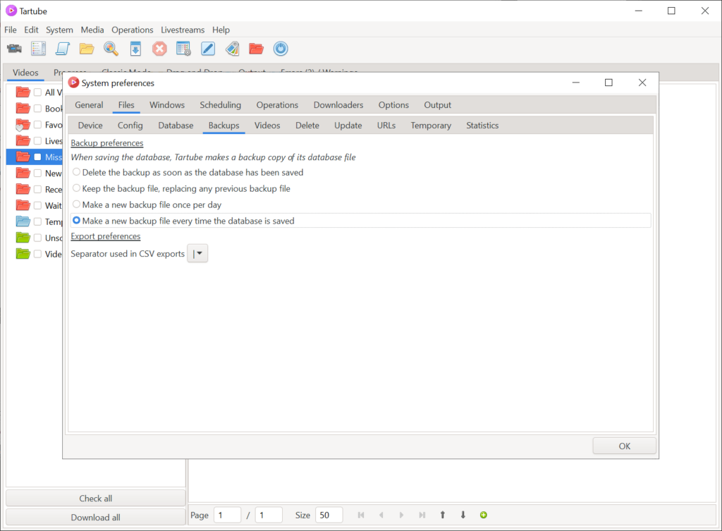 Tartube Backup preferences