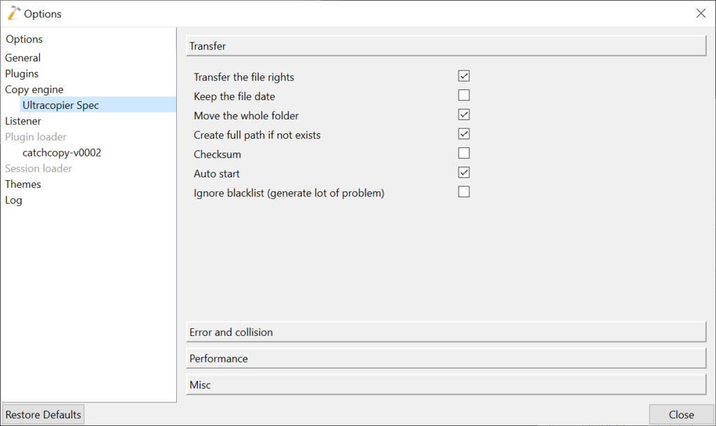 Ultracopier Transfer parameters